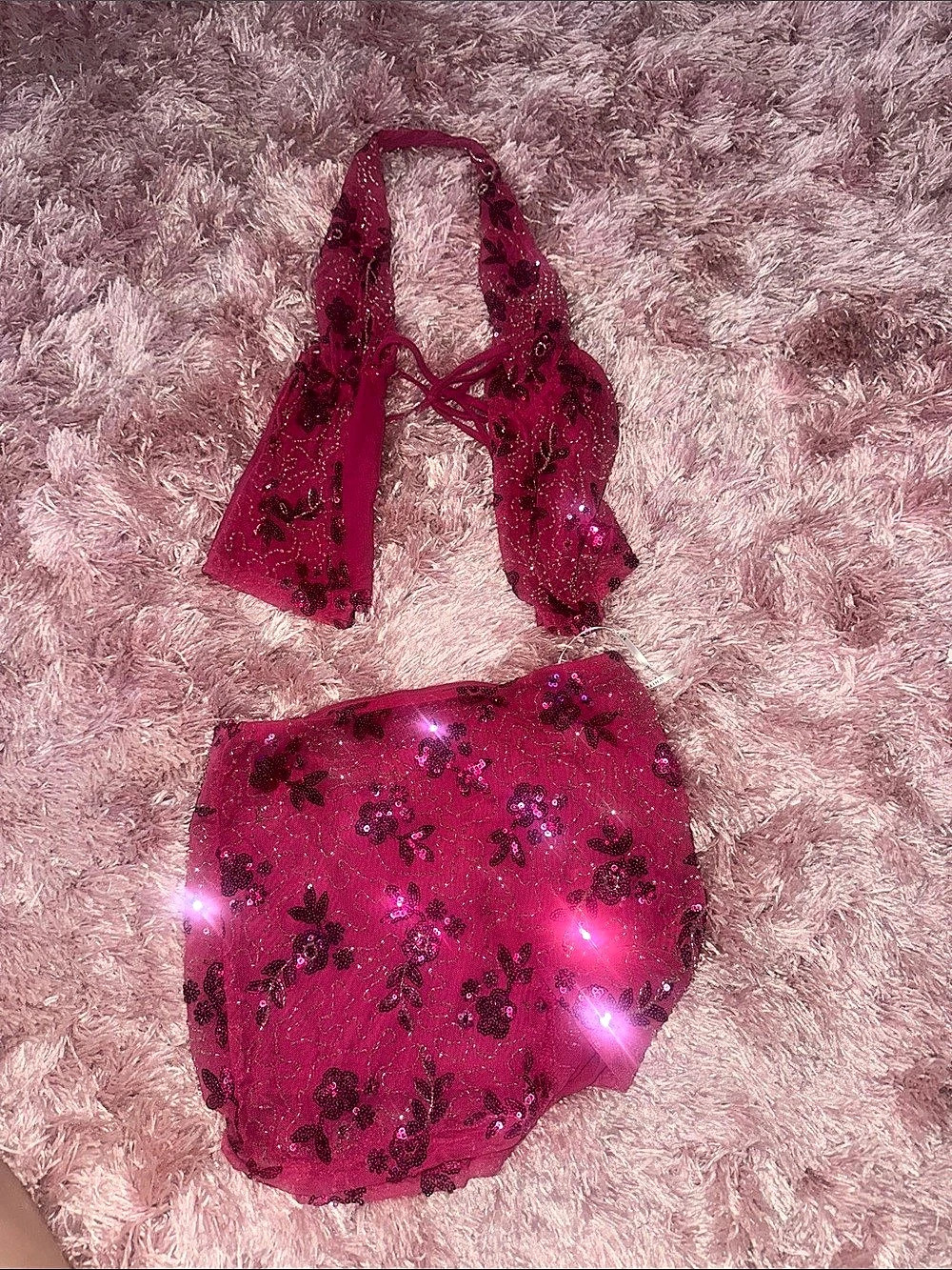 White Fox Boutique Fuchsia Sequin Halter Top and Mini Skirt Set